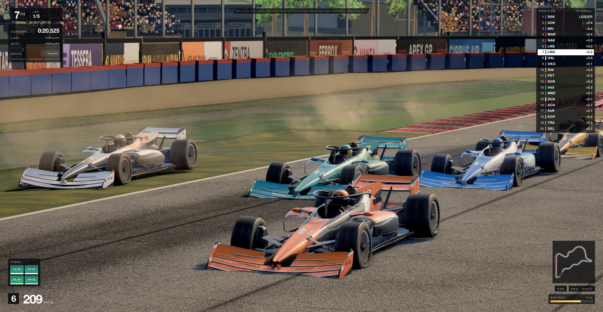 Apex Grand Prix — twenty cars into the first corner, rendered in Three.js
