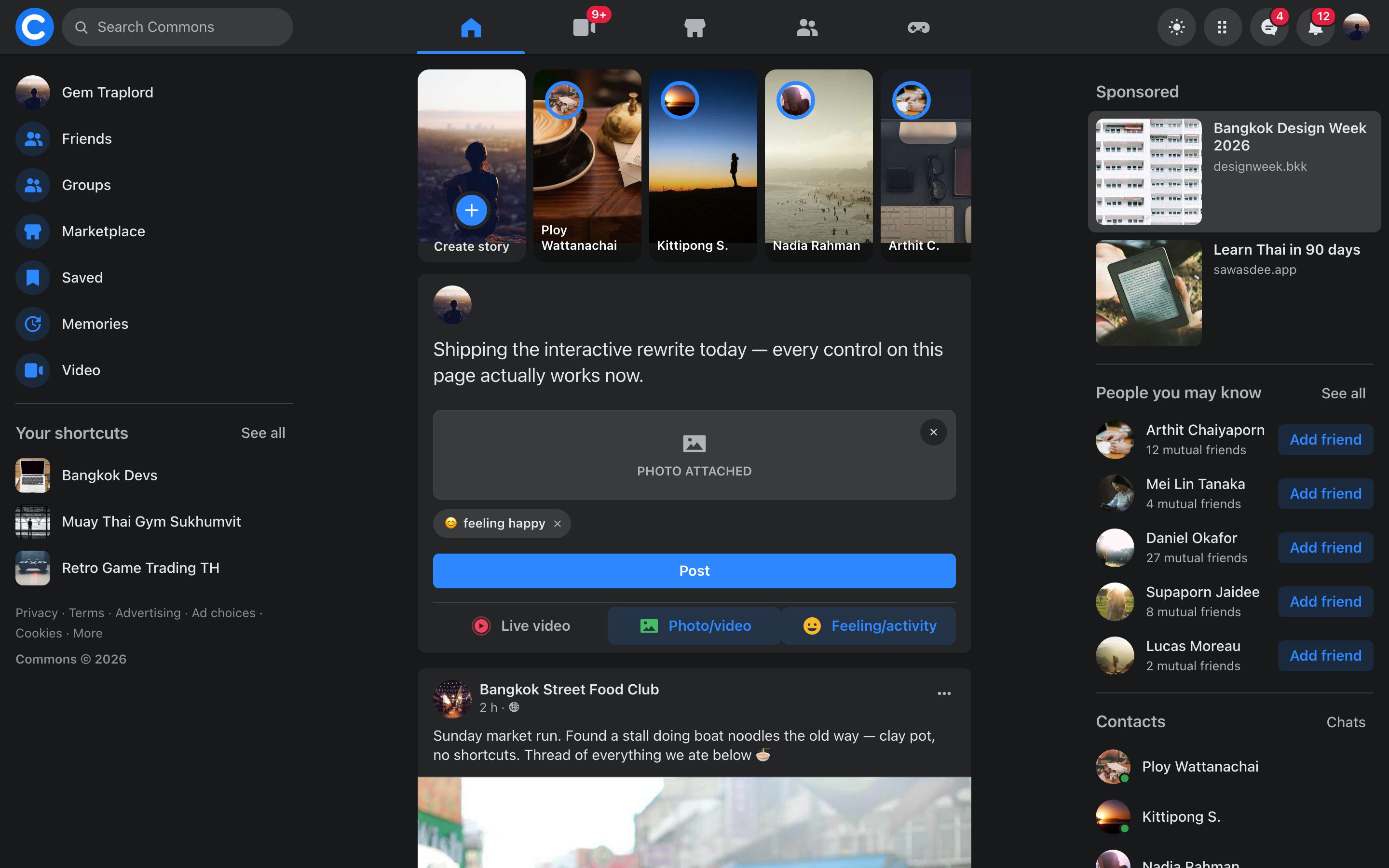 The town square, wired — Dark theme — the whole palette swapped through design tokens, the open draft surviving the switch