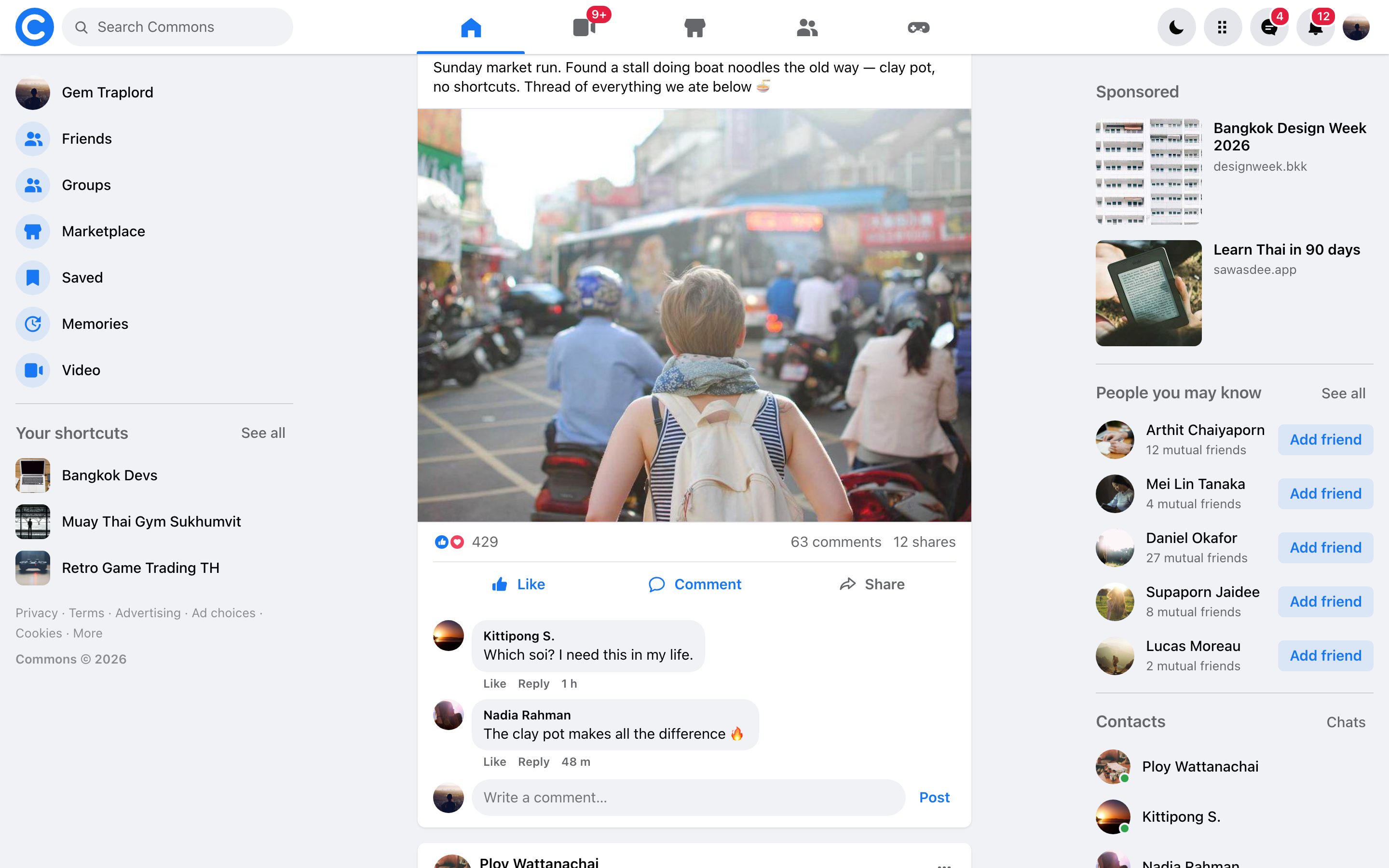 The town square, wired — A thread open — the post liked (its own counter moved by one), seeded replies below