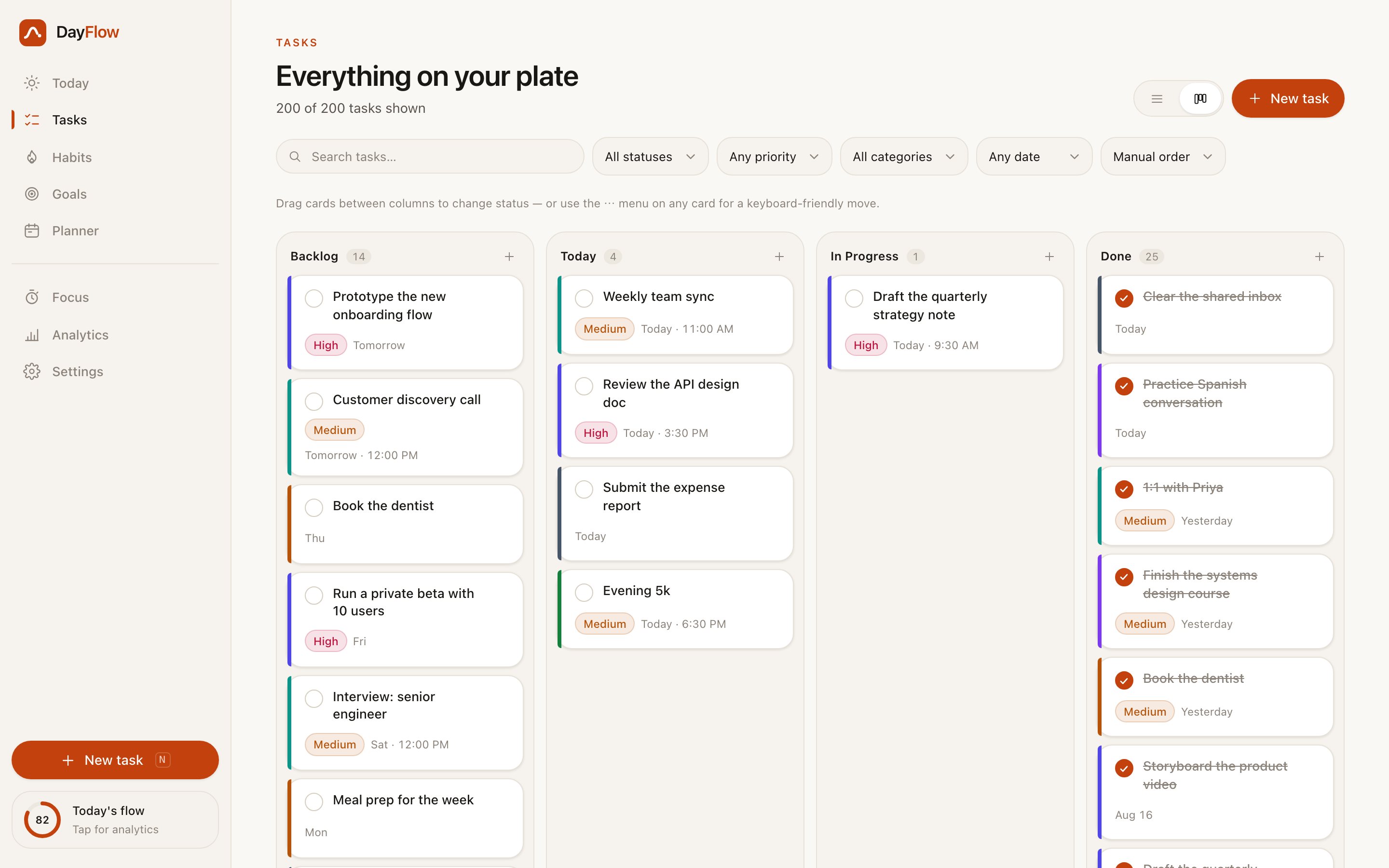 DayFlow &mdash; Tasks &mdash; the board view, drag between Backlog, Today, In Progress and Done
