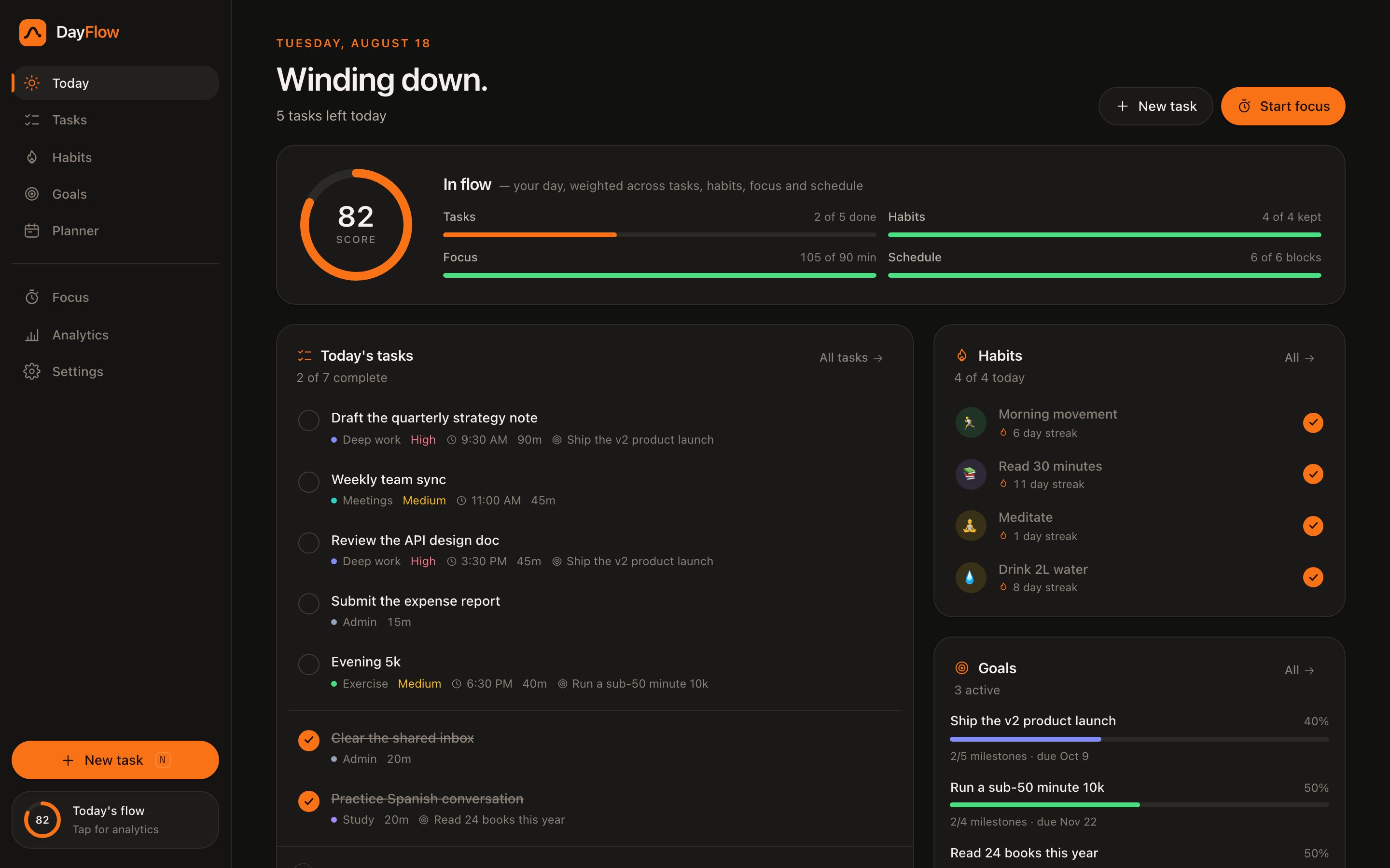 DayFlow &mdash; Dark theme &mdash; the same screens, tokenised end to end