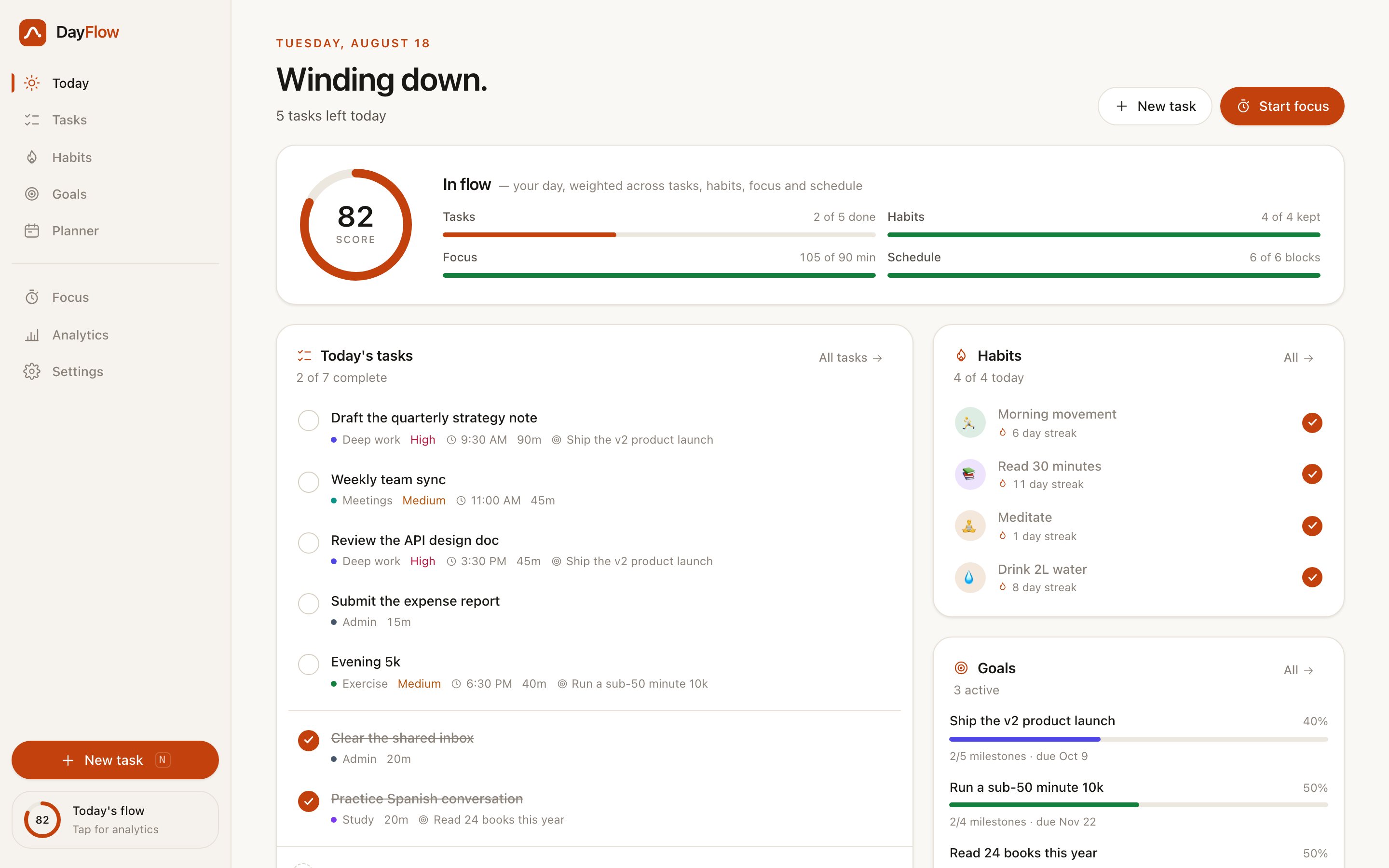 DayFlow &mdash; Today &mdash; the day score, tasks, schedule and streaks in one view