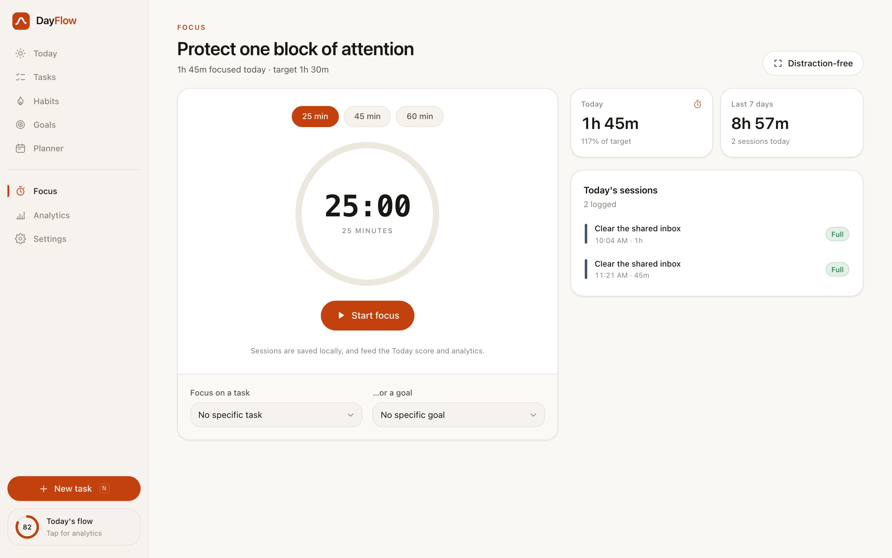 DayFlow &mdash; Focus &mdash; the Pomodoro timer, linked to a task