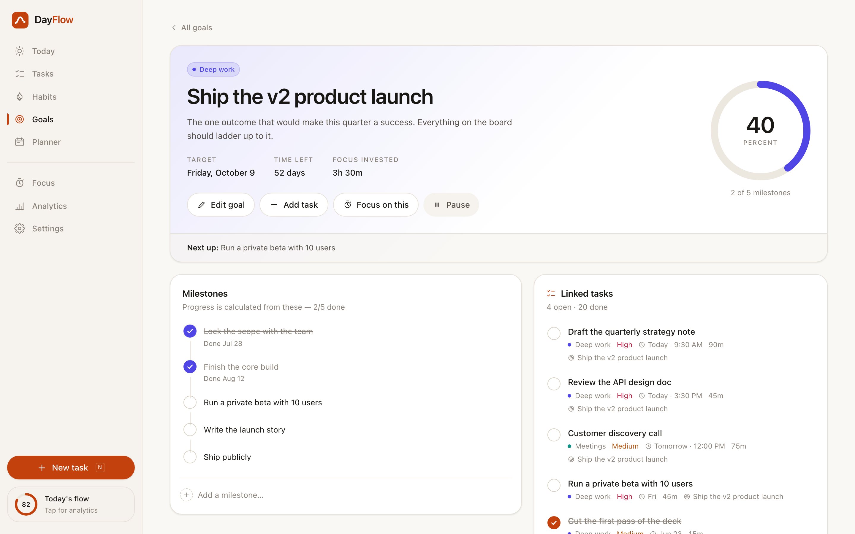 DayFlow &mdash; A goal in detail &mdash; progress calculated from its milestones