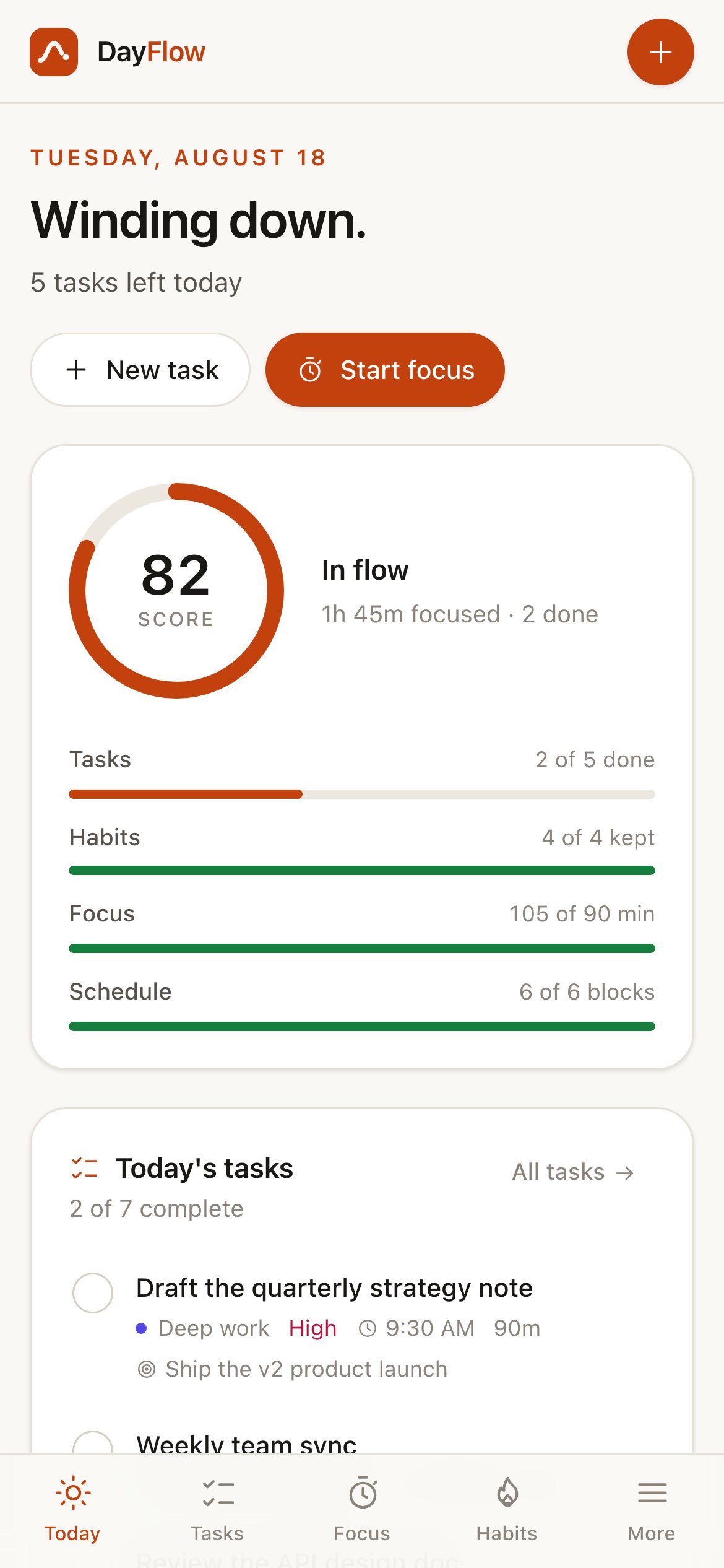 DayFlow &mdash; Mobile &mdash; 390px, with the bottom tab bar