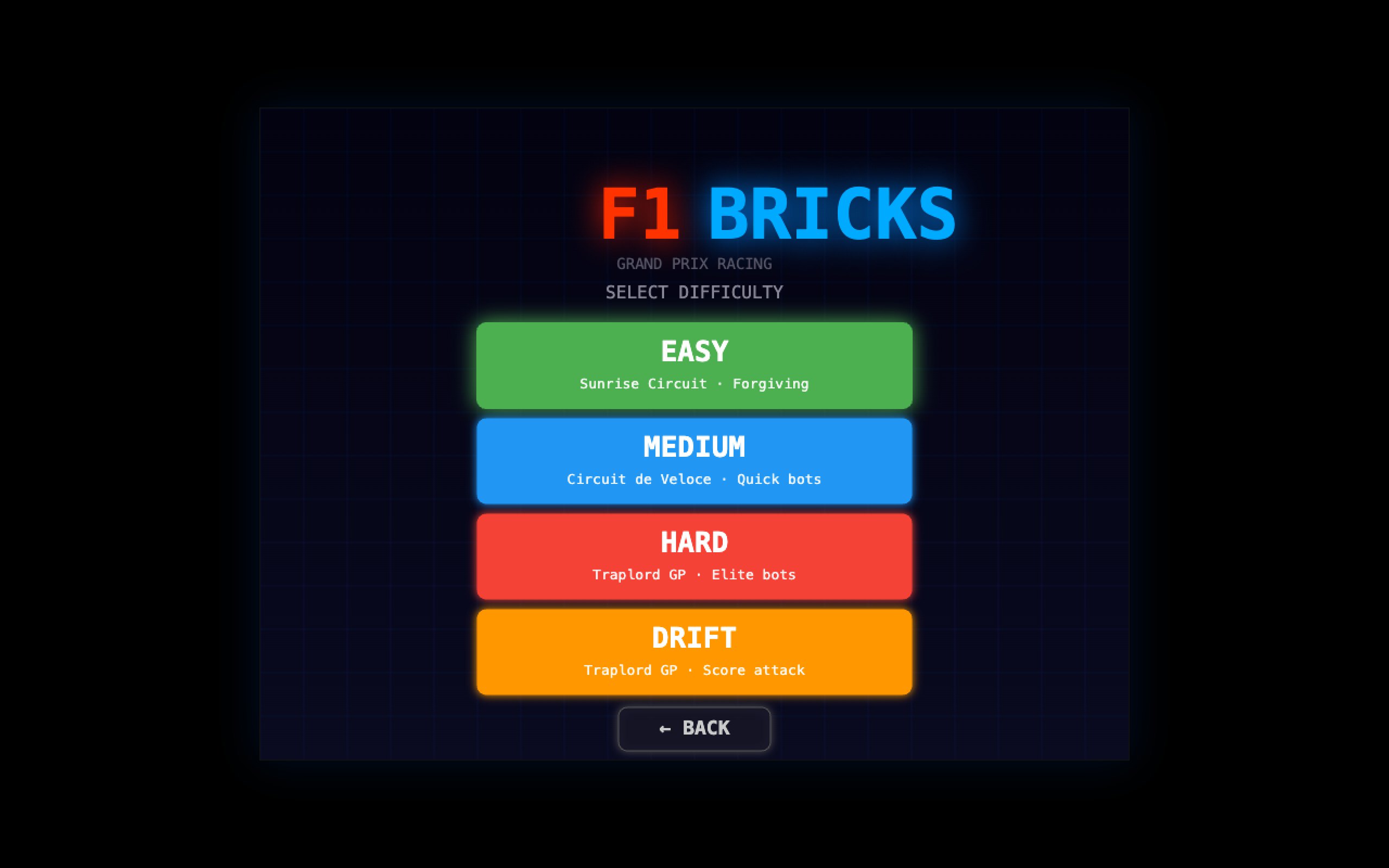 F1 Bricks &mdash; Difficulty select &mdash; four circuits