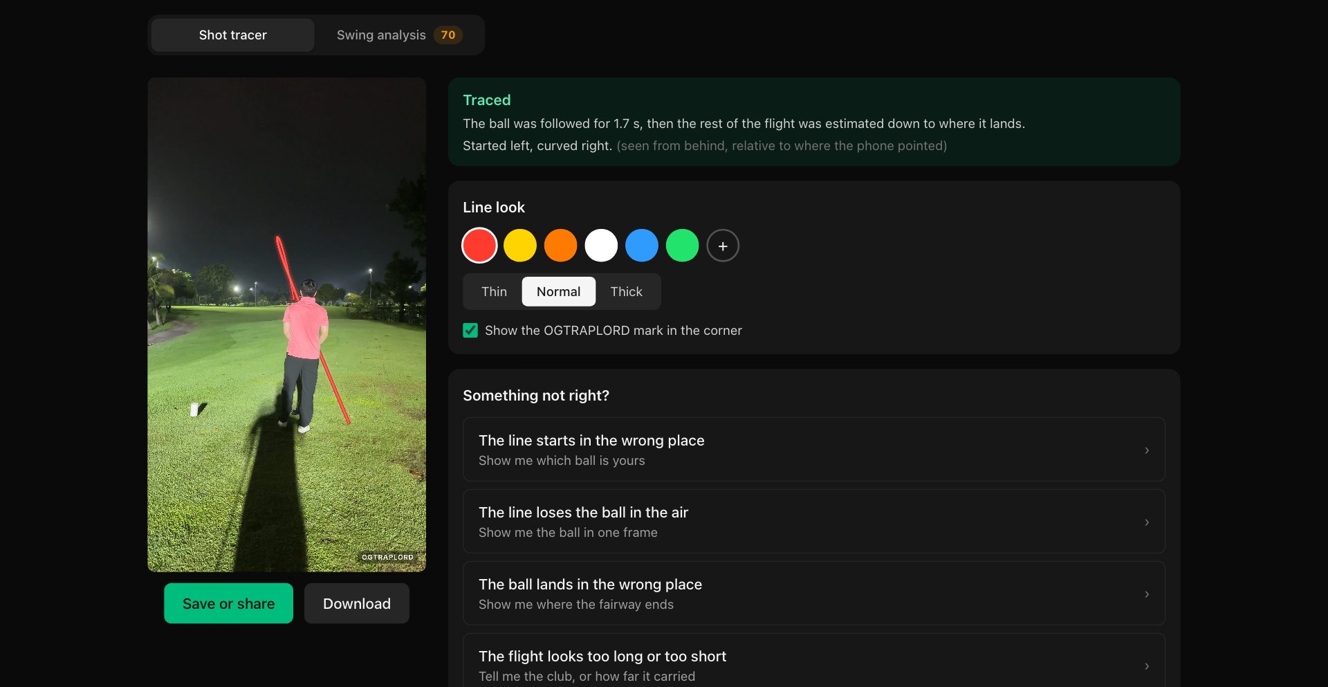 Golf Shot Tracer &mdash; The traced shot &mdash; a night drive, the ball followed for 1.7 s, then the flight estimated down to where it lands