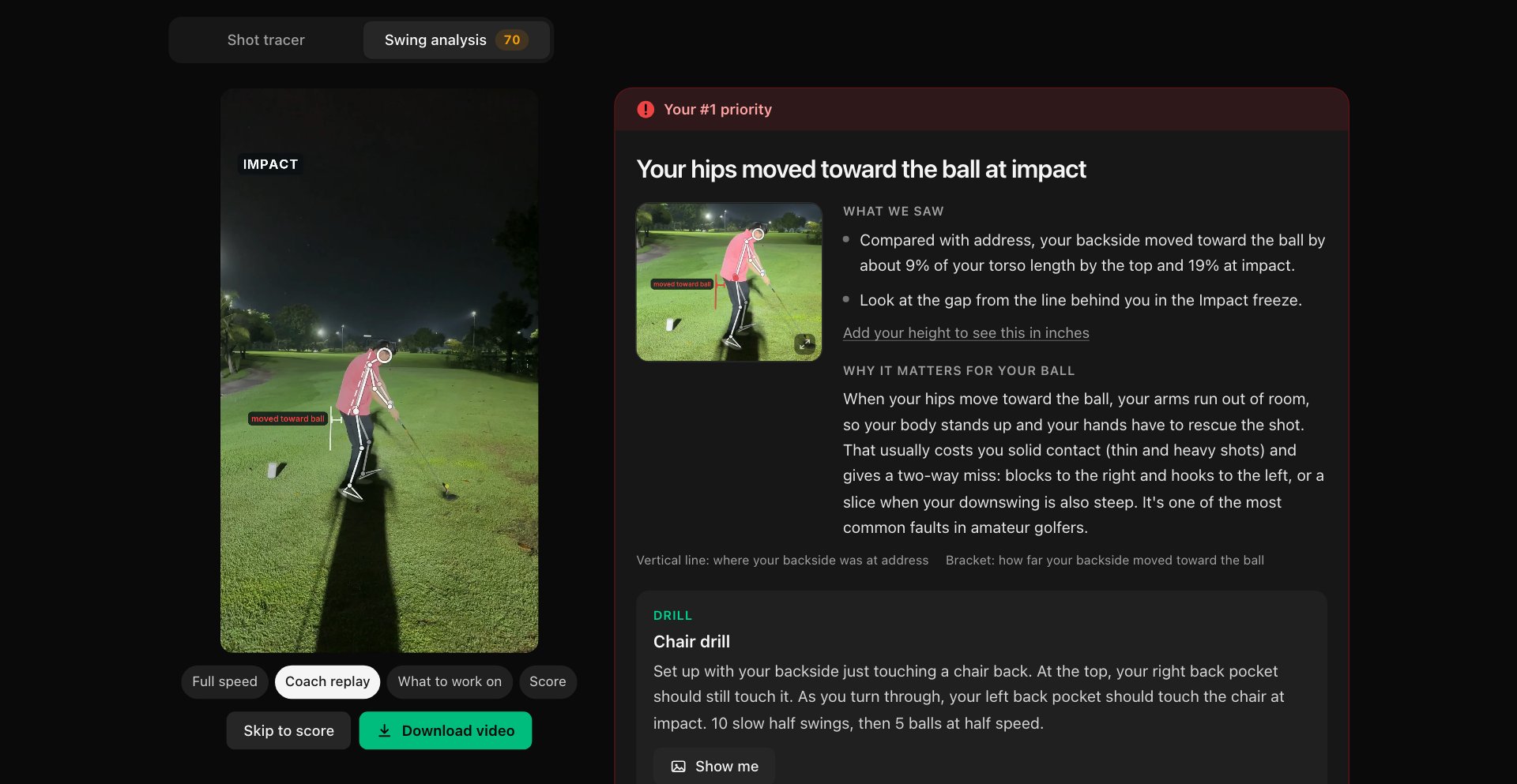 Golf Shot Tracer &mdash; The swing report &mdash; the coach replay frozen at impact beside the #1 priority and its drill
