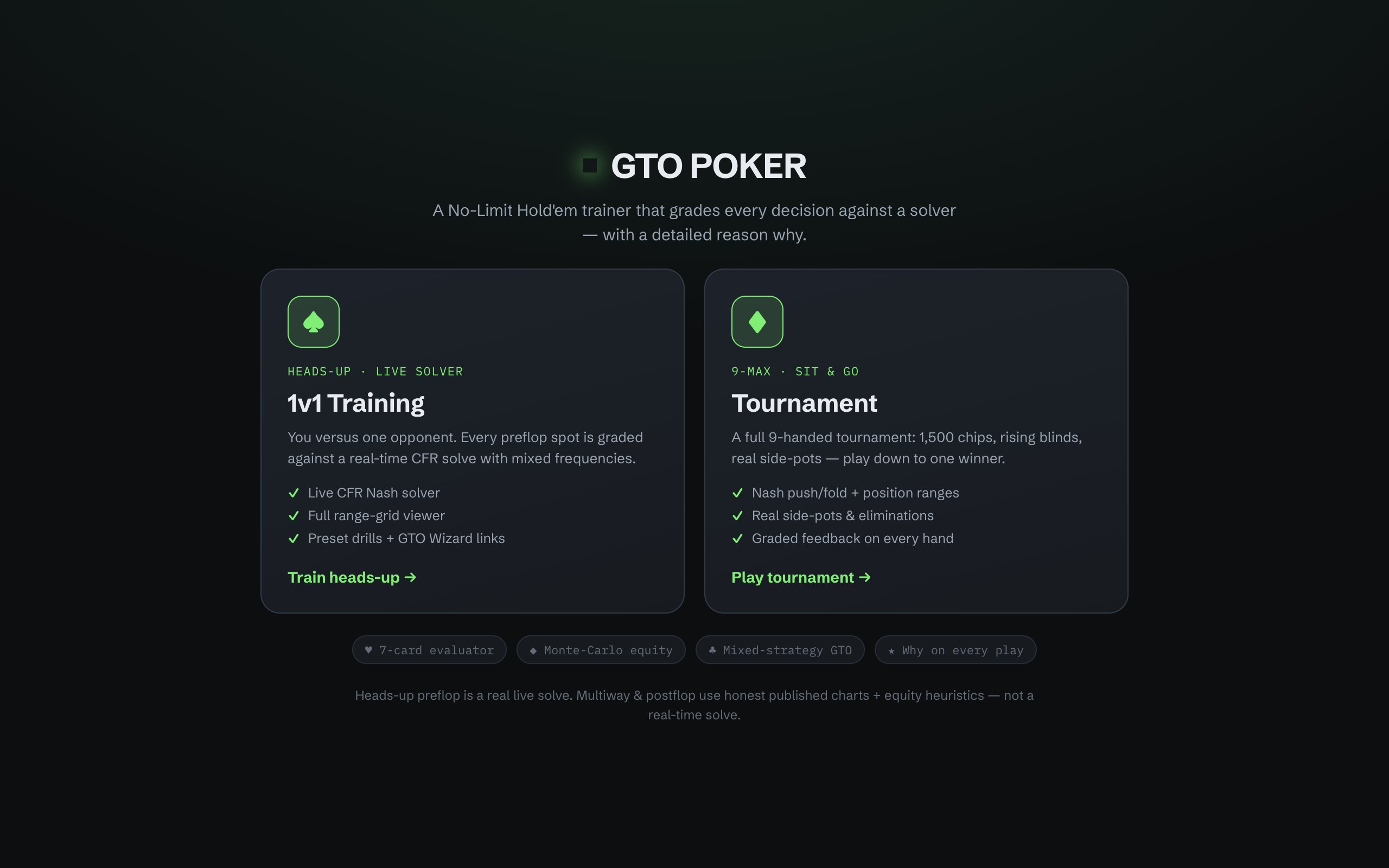 GTO Heads-Up &mdash; Mode select &mdash; heads-up solver or 9-max
