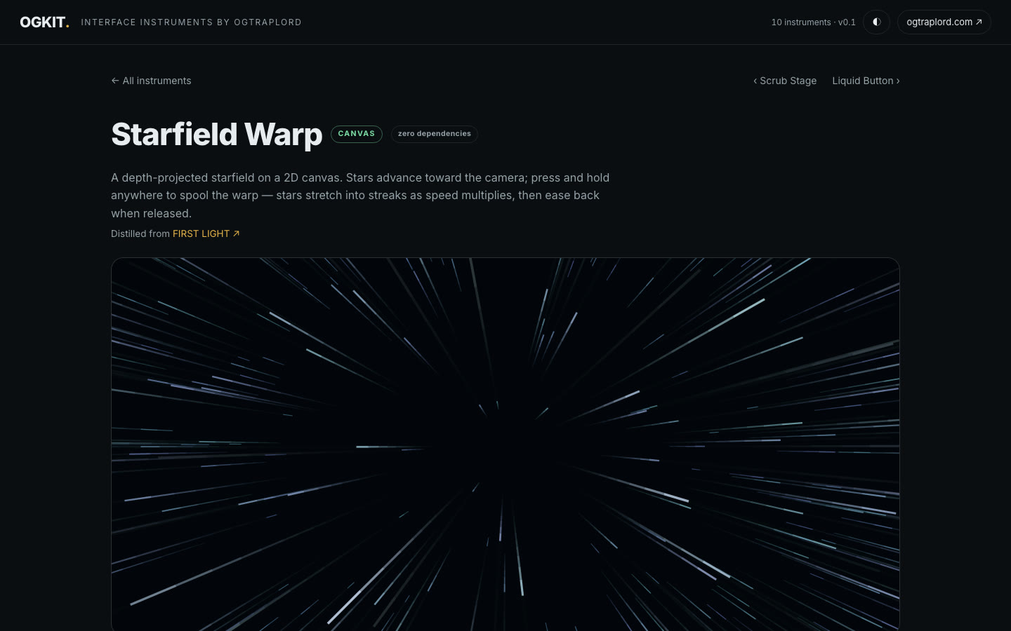 OGKIT — Starfield Warp — held to lightspeed, streaks mid-spool