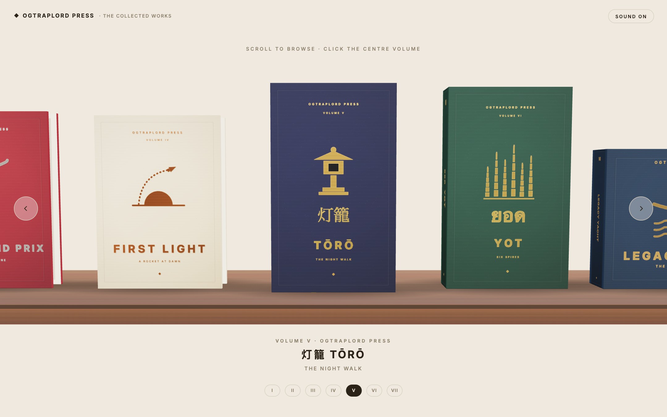 OGTRAPLORD PRESS &mdash; The shelf &mdash; seven clothbound volumes on one continuous run, TŌRŌ selected at centre