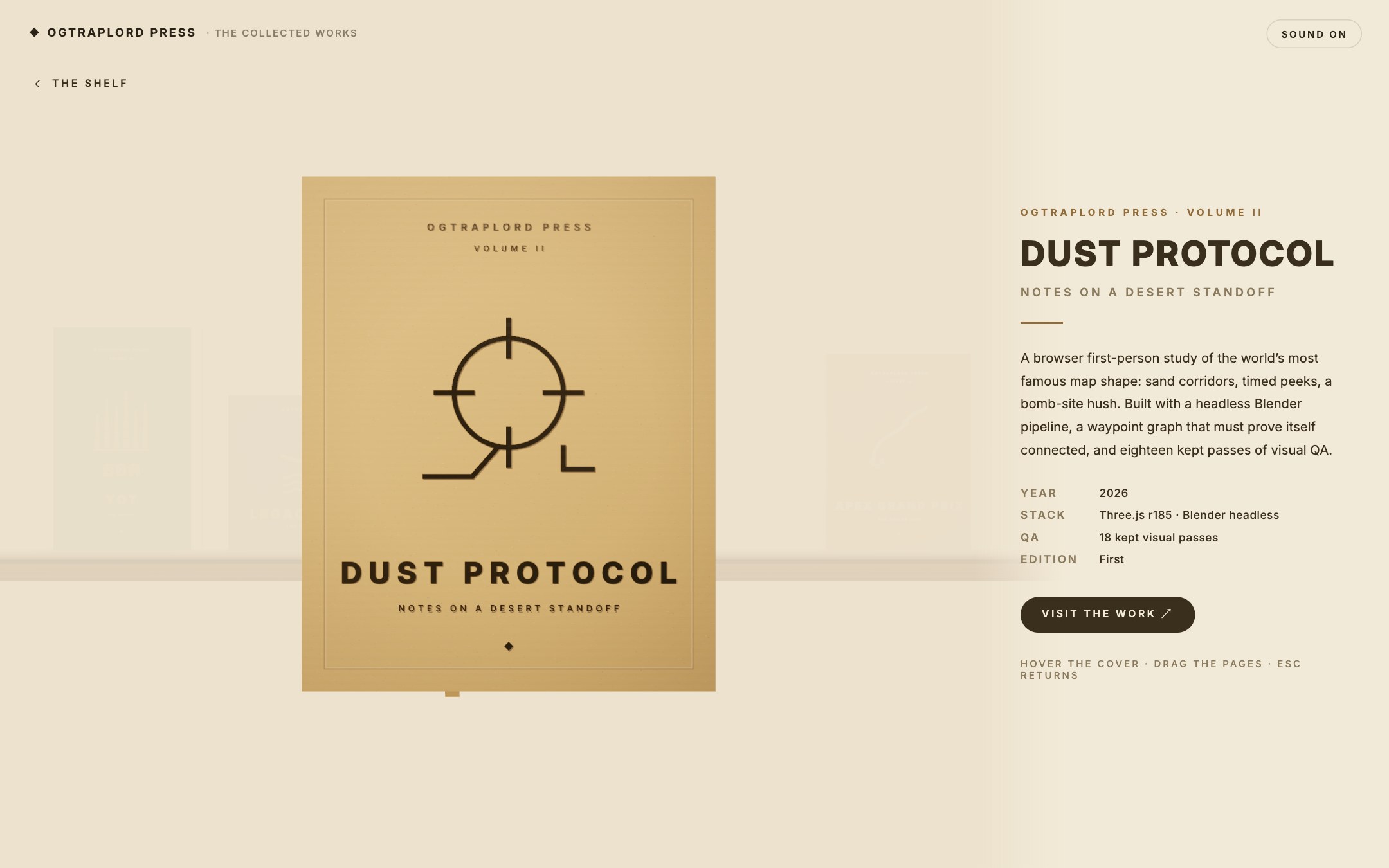 OGTRAPLORD PRESS &mdash; Volume II, DUST PROTOCOL &mdash; the same room re-lit in desert tan, crosshair foil on the board