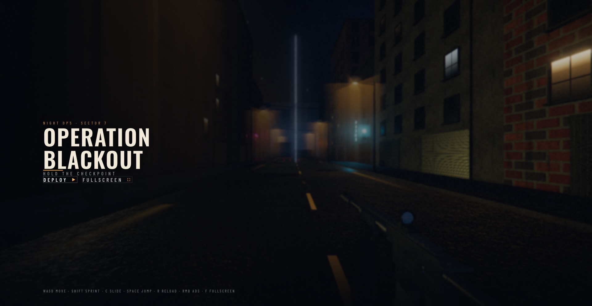 Operation Blackout — a rain-soaked night street rendered in Three.js