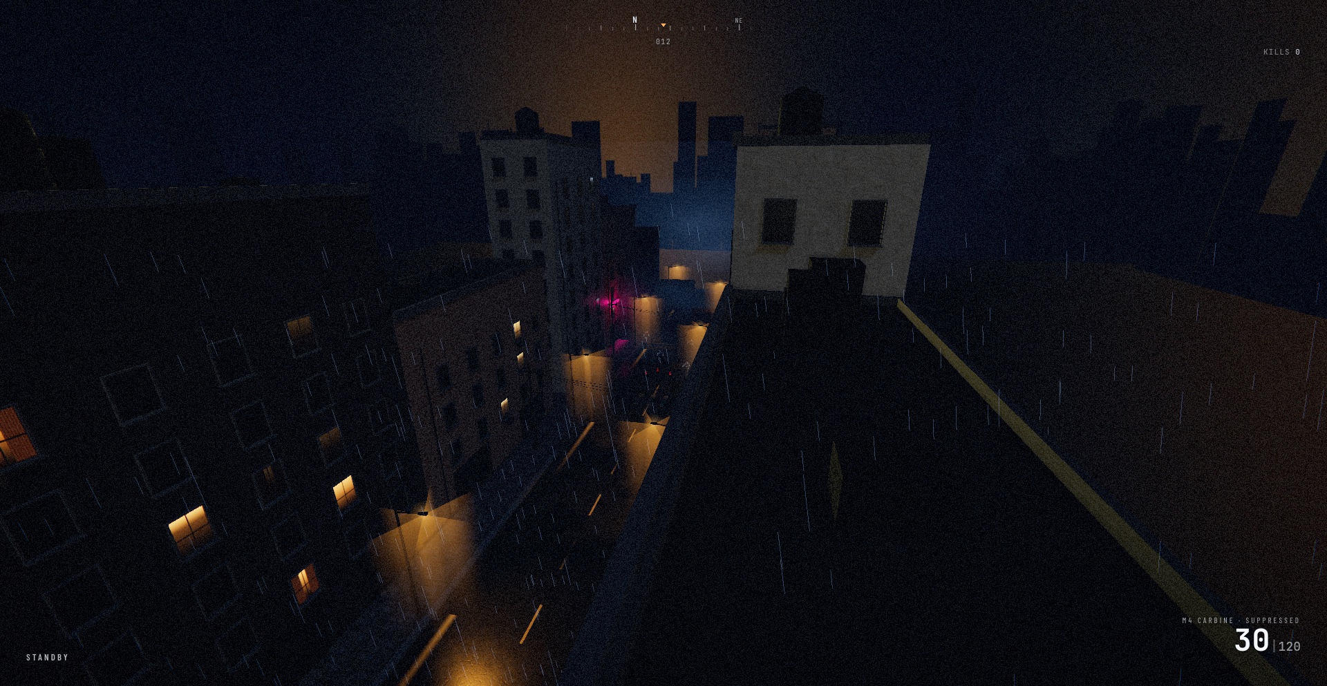 Operation Blackout &mdash; The street from above &mdash; sodium pools, neon and rain