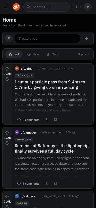 ORBIT &mdash; Mobile &mdash; 390px, both rails folded away and the byline shortened