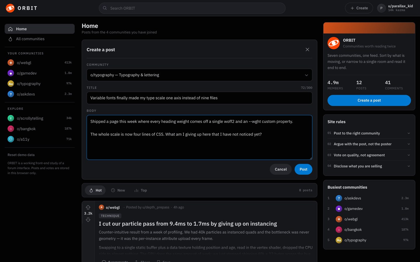 ORBIT &mdash; The composer open &mdash; community picker, a live 72/300 title counter, body ready to post