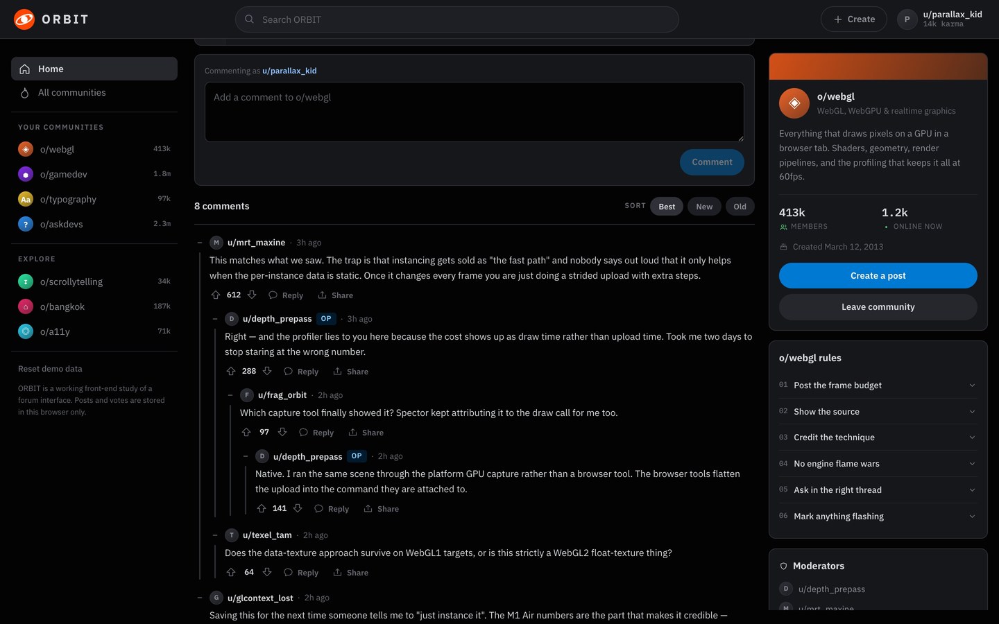 ORBIT &mdash; The thread panel &mdash; the comment box, then the reply tree three deep on its alignment lines