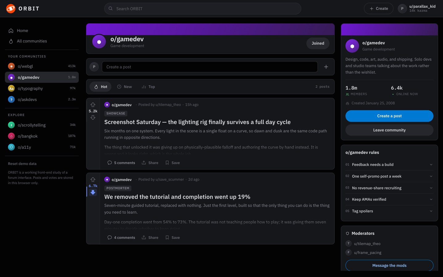ORBIT &mdash; A single community &mdash; its own banner hue, rules and moderators; the second post downvoted
