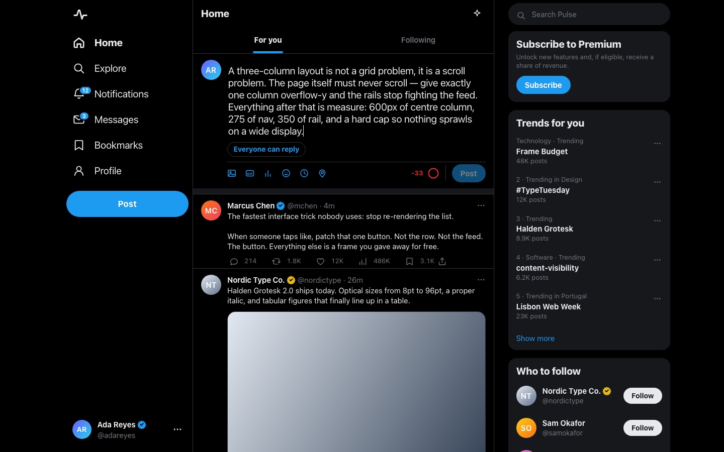 Pulse — The composer past 280 — ring red, countdown negative, Post disabled