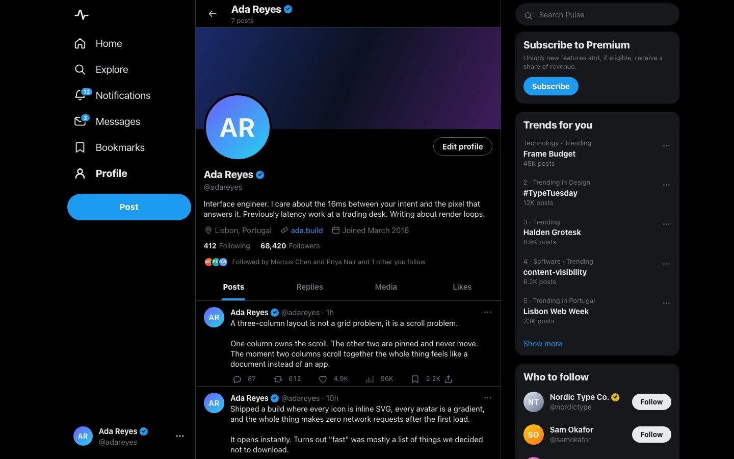 Pulse — The profile swap — banner, bio, metrics and the four-tab timeline, no reload
