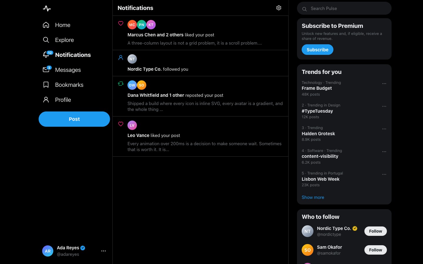 Pulse — Notifications — likes, reposts and follows fanned out from the corpus