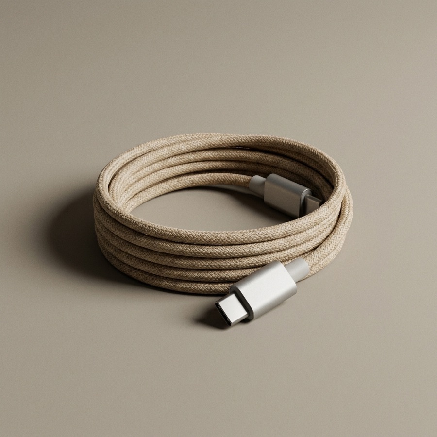 A coiled braided USB-C cable