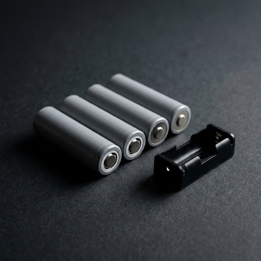 Four rechargeable cells beside a battery holder