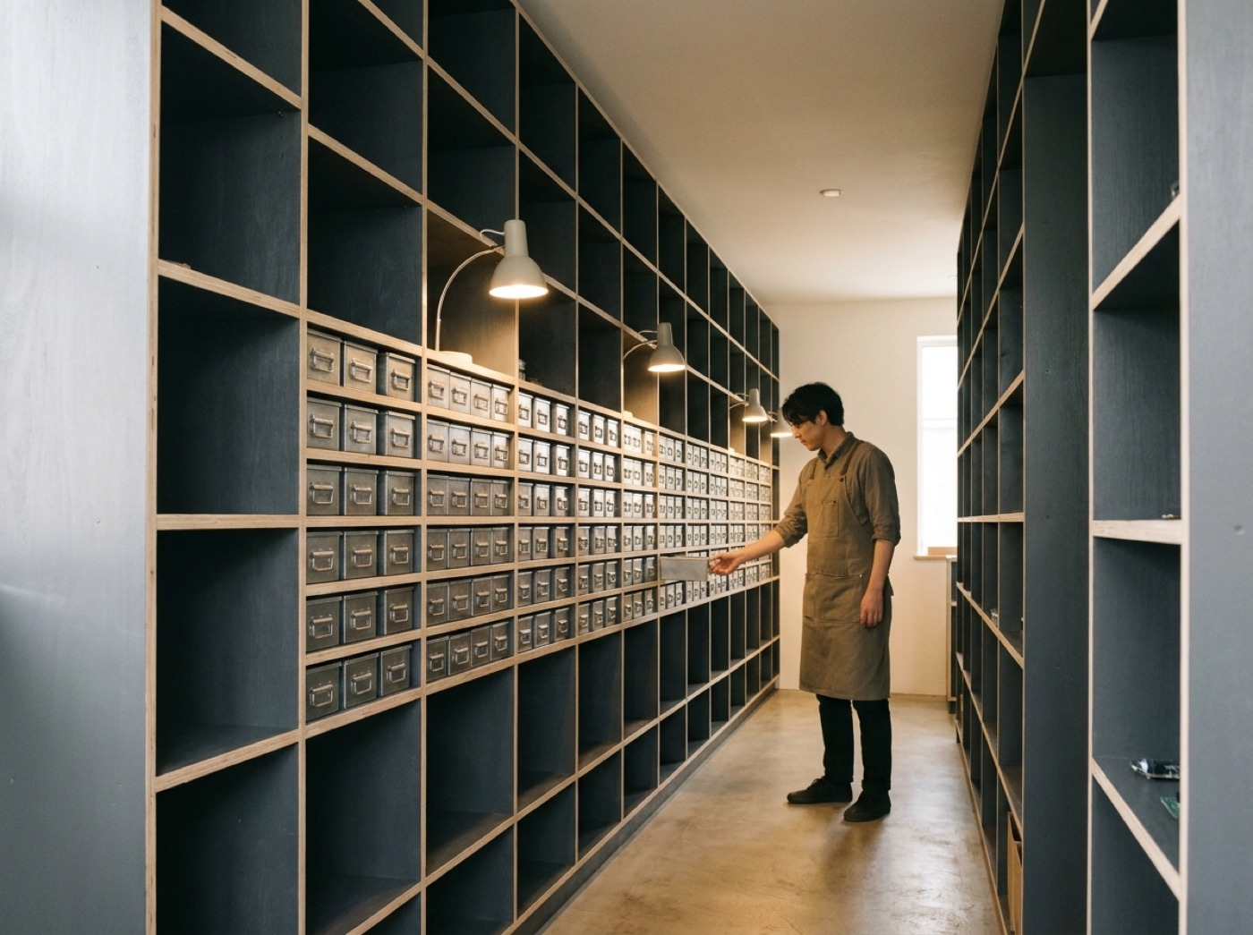 The parts wall — a floor-to-ceiling aisle of labelled component drawers