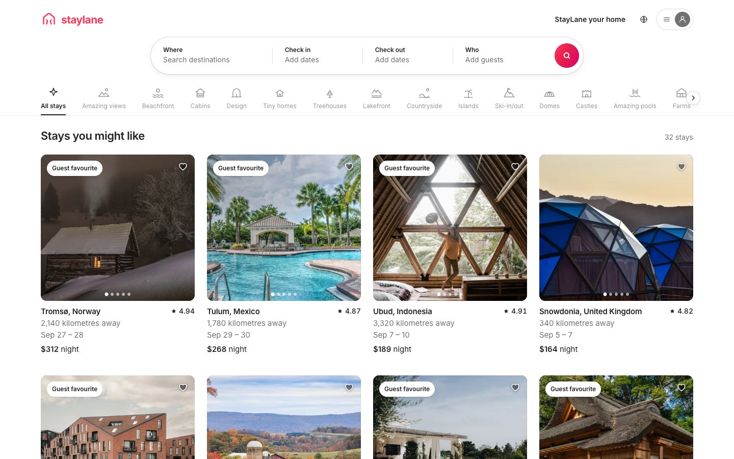StayLane — The grid — 32 stays under the four-segment pill and category ribbon, carousels armed