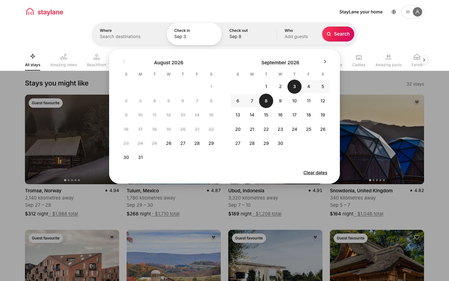 StayLane — The range calendar — two months open from the pill, a stay picked, the cards re-priced below