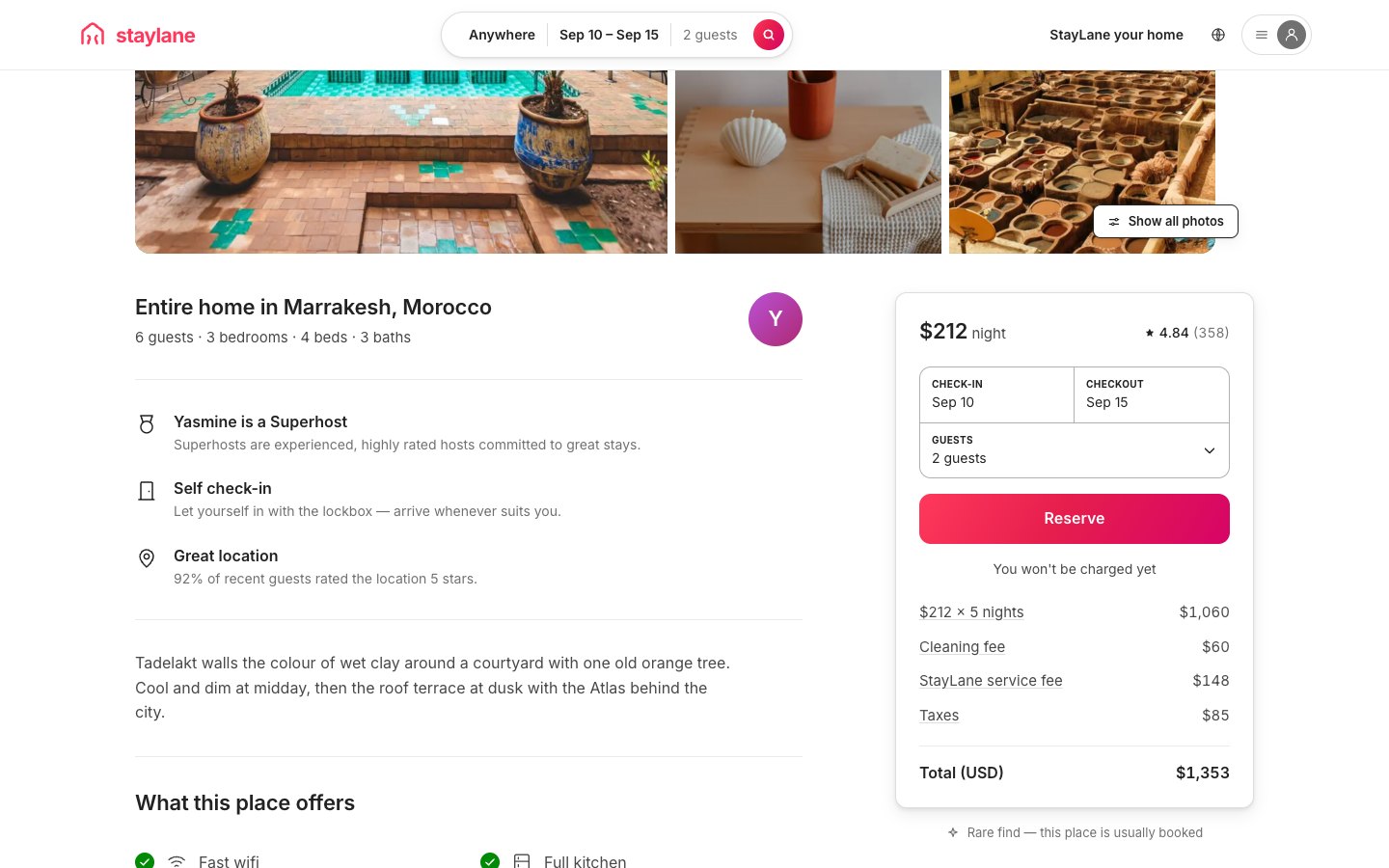 StayLane — Casa Terracotta — gallery, highlights and the sticky widget holding an itemised receipt