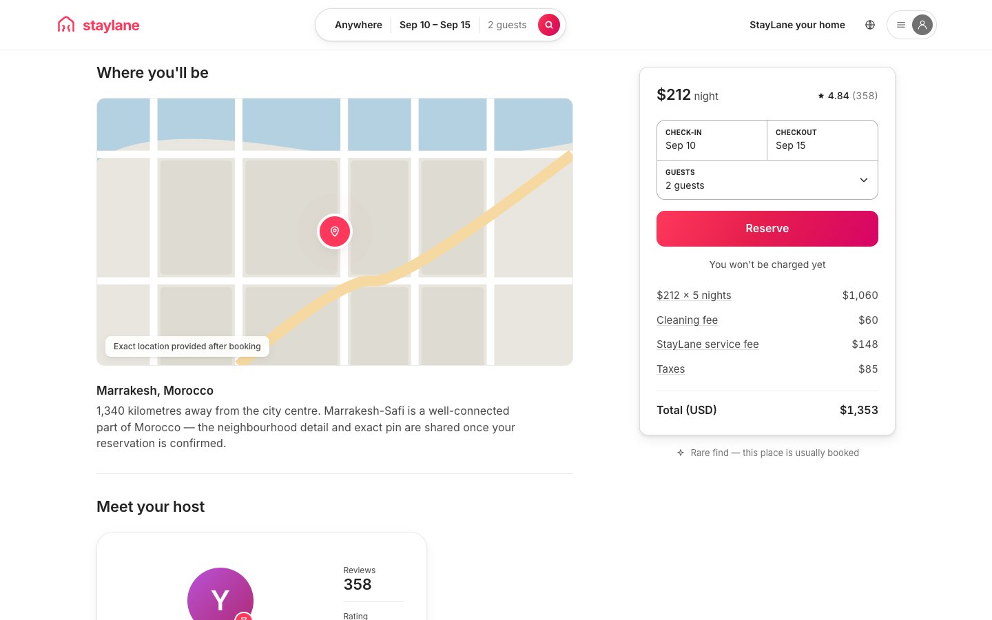 StayLane — Where you’ll be — the schematic map beside the receipt, the host card below
