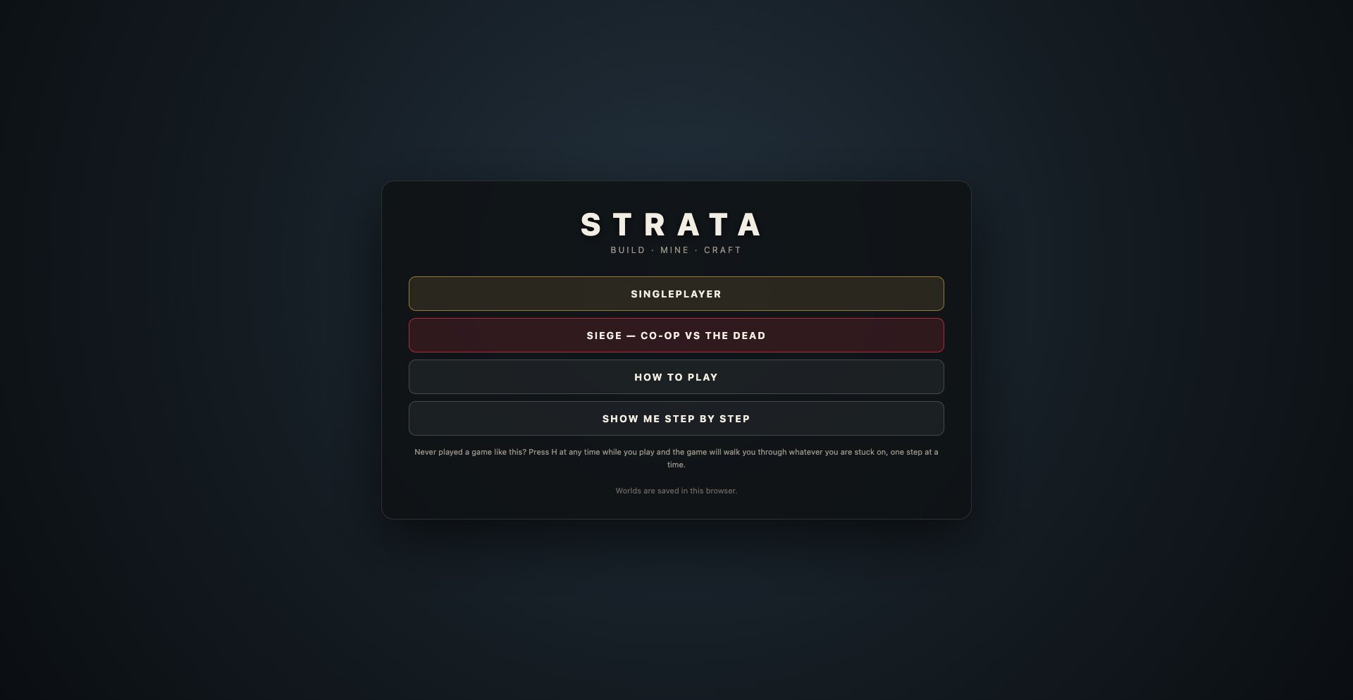 STRATA &mdash; Title screen &mdash; your worlds, or a new one from a seed