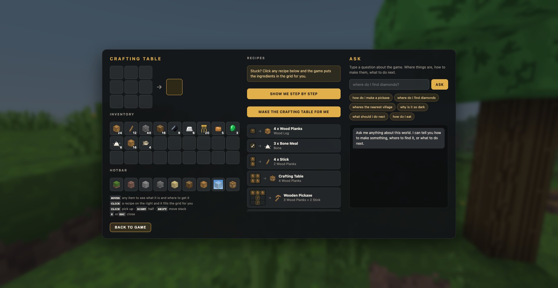 STRATA &mdash; The crafting table &mdash; the 3x3 grid and the recipe list