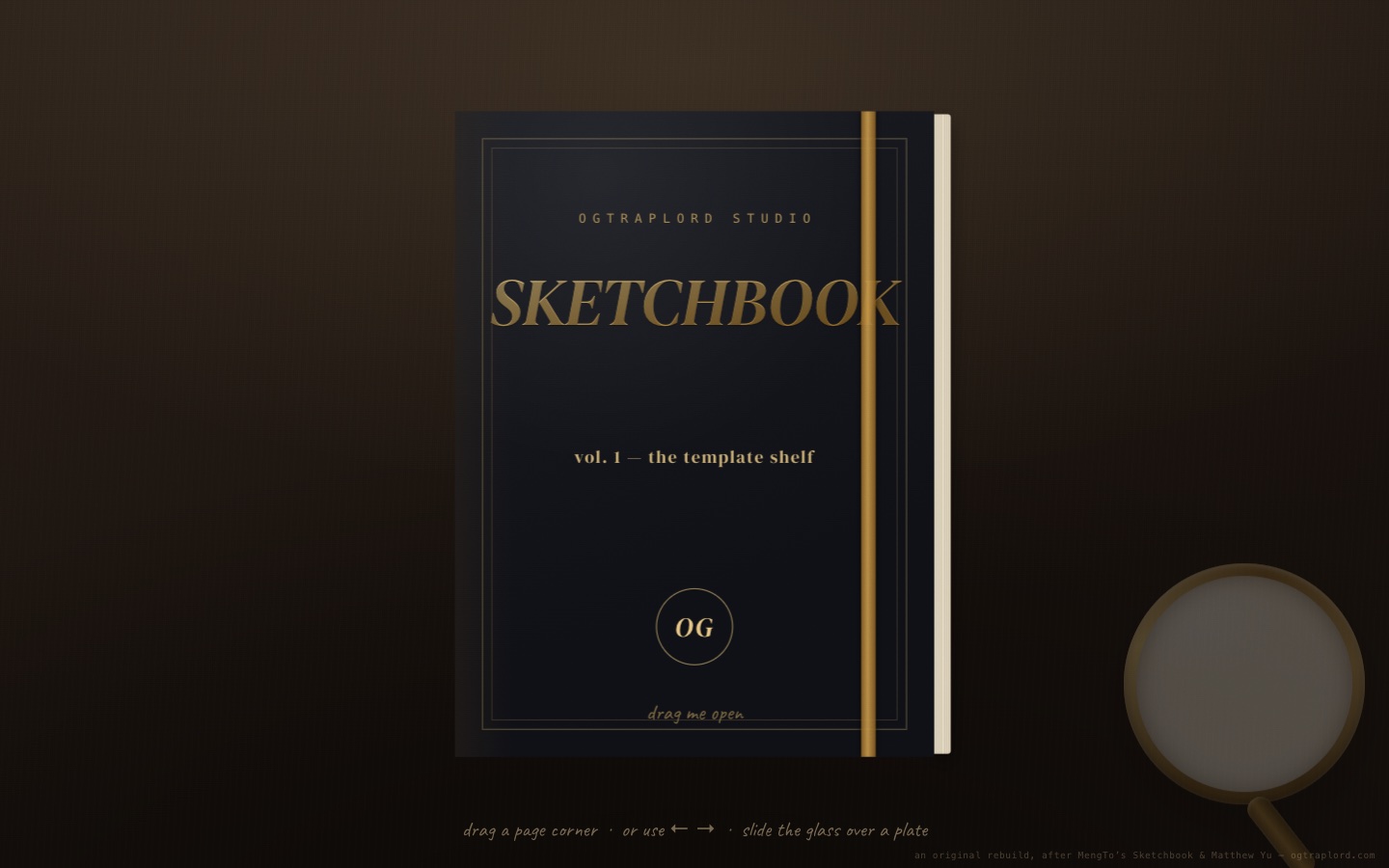 Studio Sketchbook &mdash; The cover on the desk &mdash; foil-stamped cloth, elastic band still closed