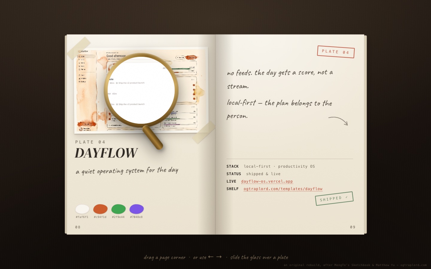 Studio Sketchbook &mdash; The reality lens over DayFlow &mdash; the shipped app&rsquo;s real pixels under the glass
