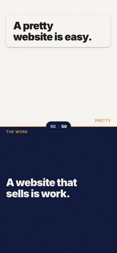 THE WORK — Mobile — 390px, the argument horizontal: pretty on paper above, the work on navy below