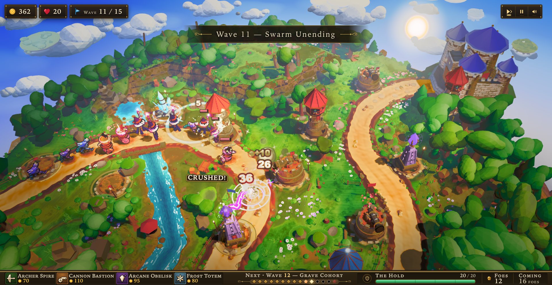 THORNHOLD — Wave 11 — the archer, cannon, arcane and frost lines all firing