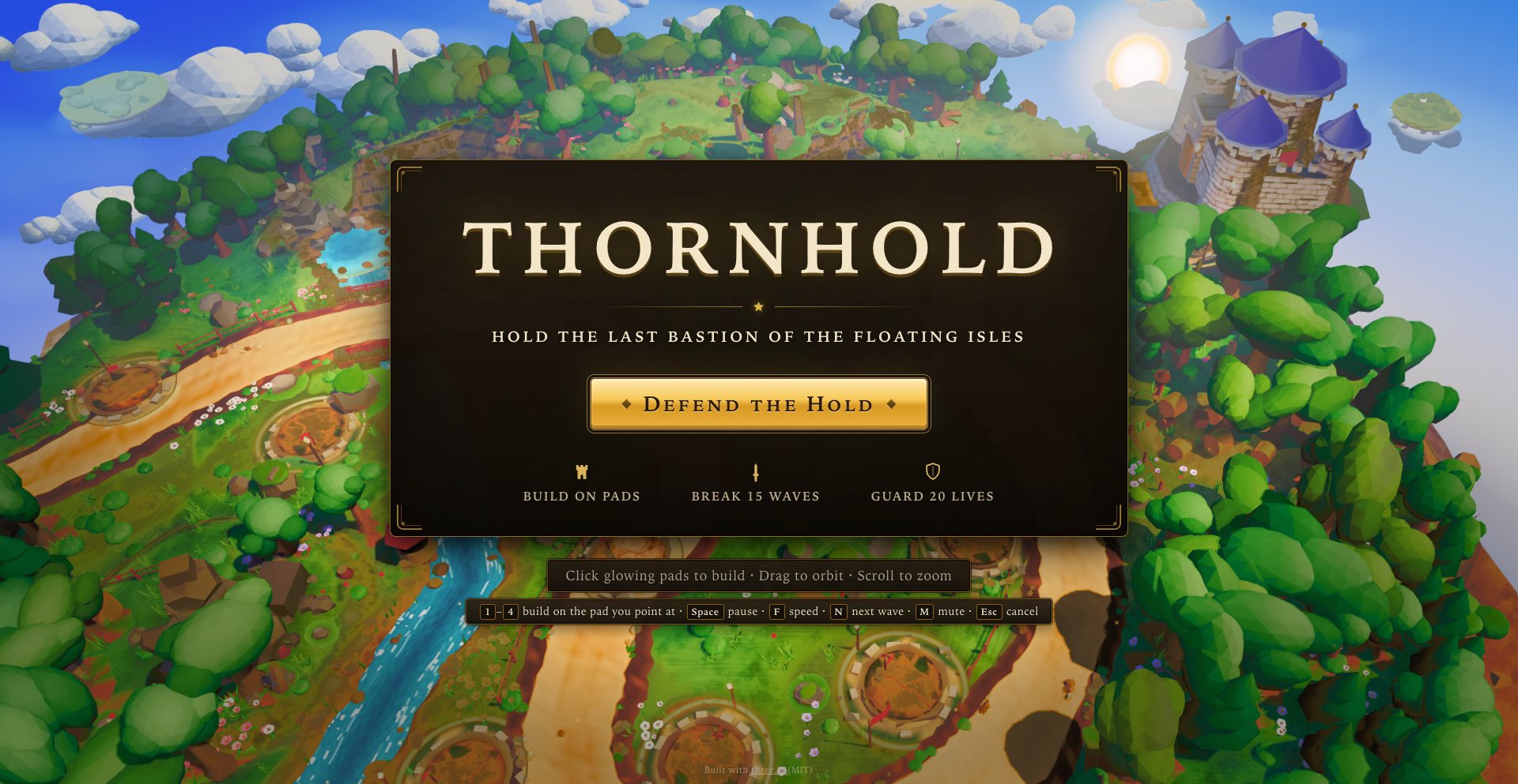 THORNHOLD — Title card — build on pads, break fifteen waves, guard twenty lives