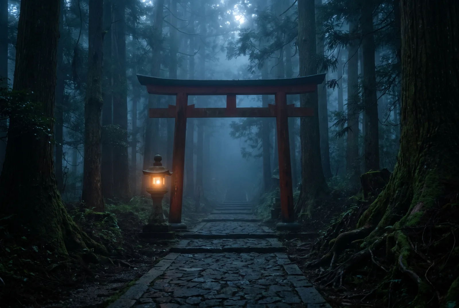 A stone pilgrim road climbing into black cedar forest, a vermilion torii standing in mist.