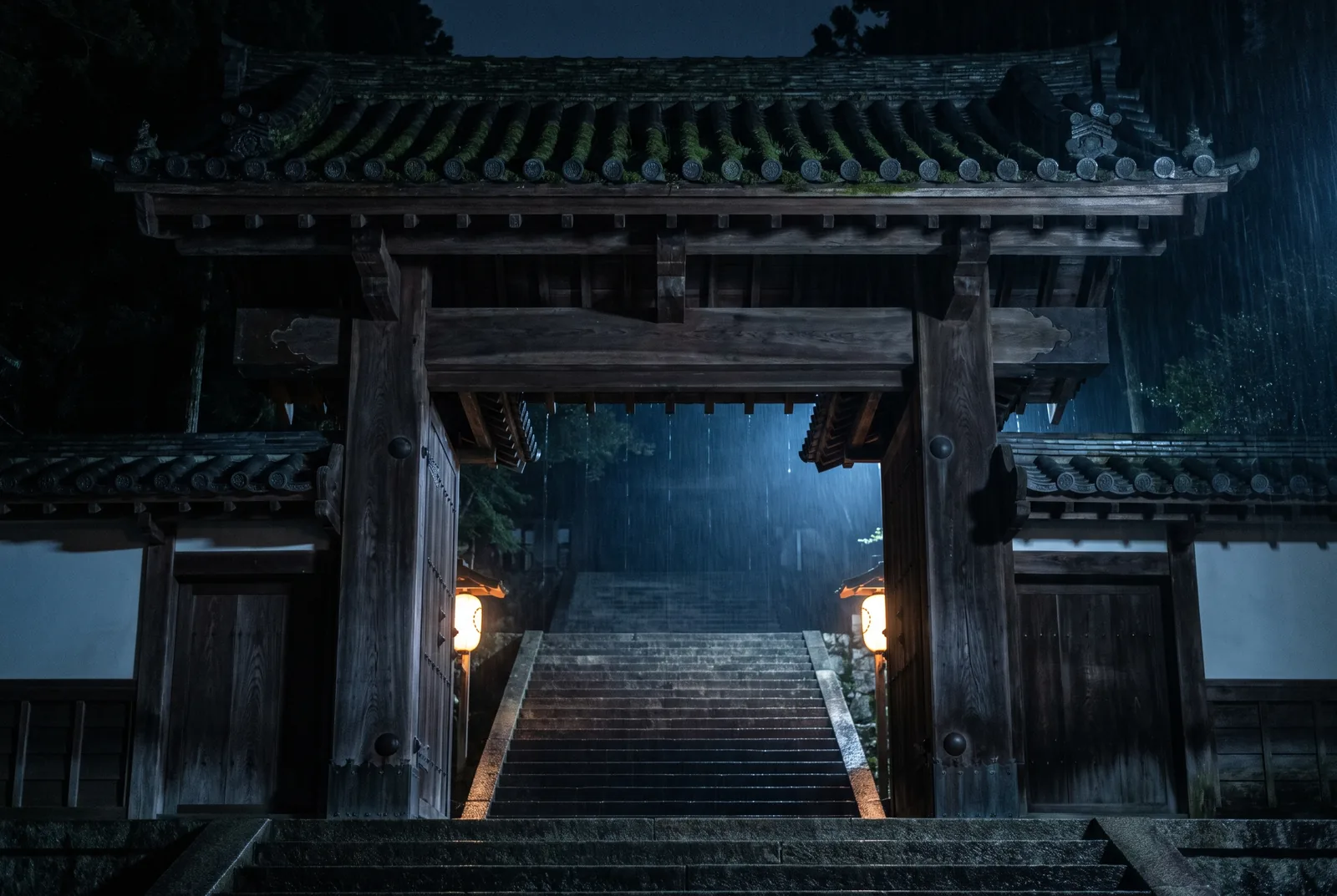 A great timber temple gate seen from below, worn stone stairs rising steeply through it into darkness.