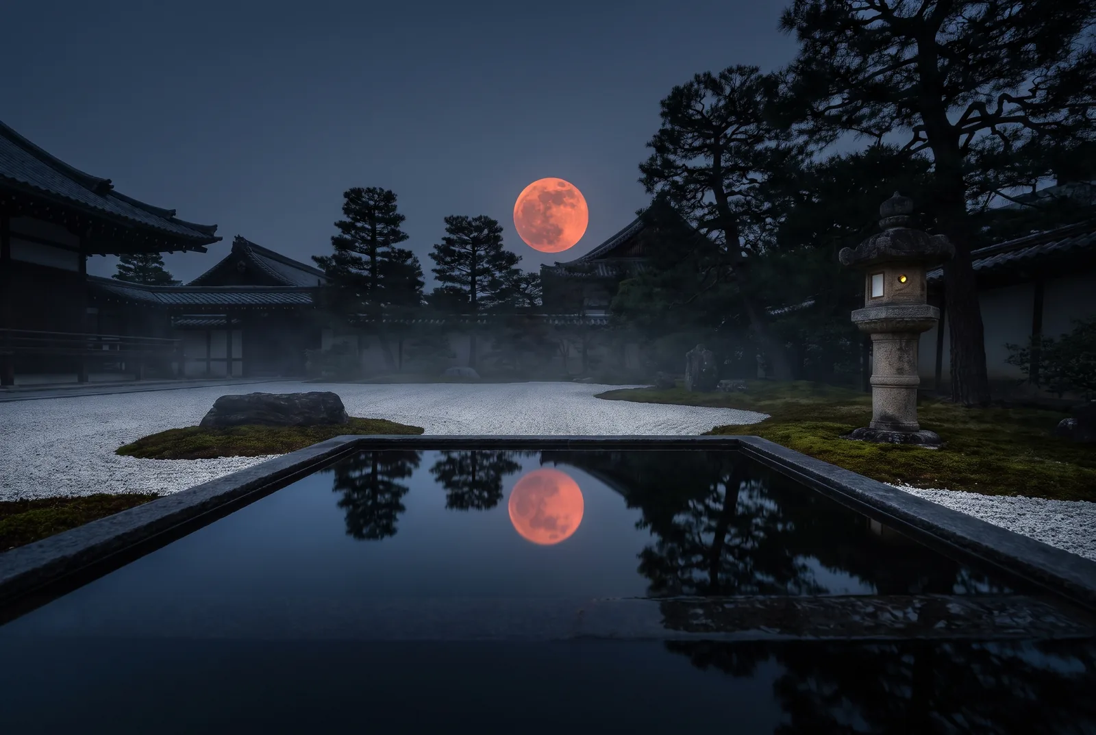 A still stone water basin in a temple garden, a vermilion moon doubled in its mirror-flat surface.