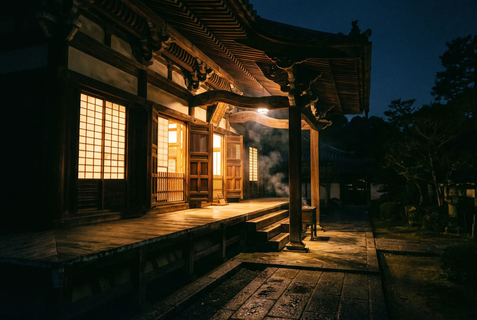 Warm shoji screens glowing from inside a temple hall, exposed timber joinery in dark wood.