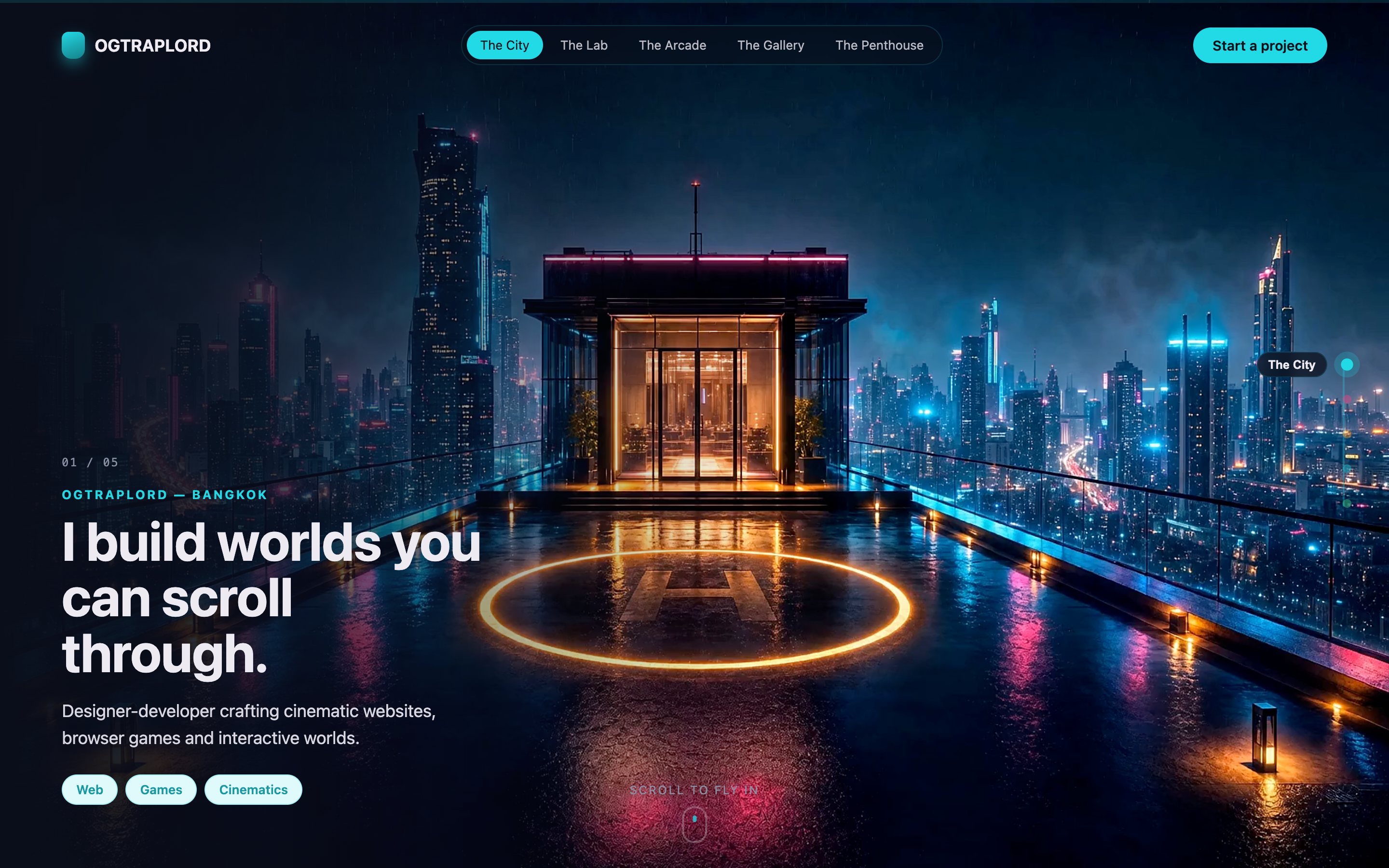 Scroll-World Engine &mdash; Traplord Noir &mdash; neon Bangkok, opening