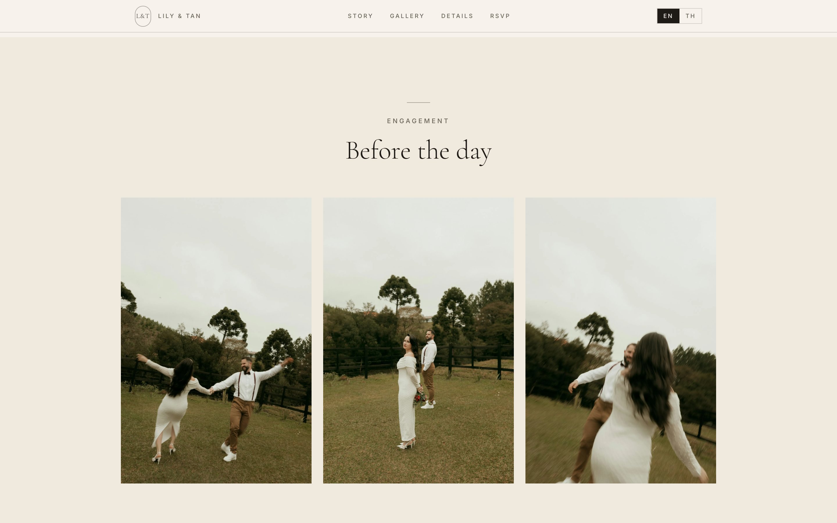 The demo wedding's story and schedule sections, in the couple's own palette