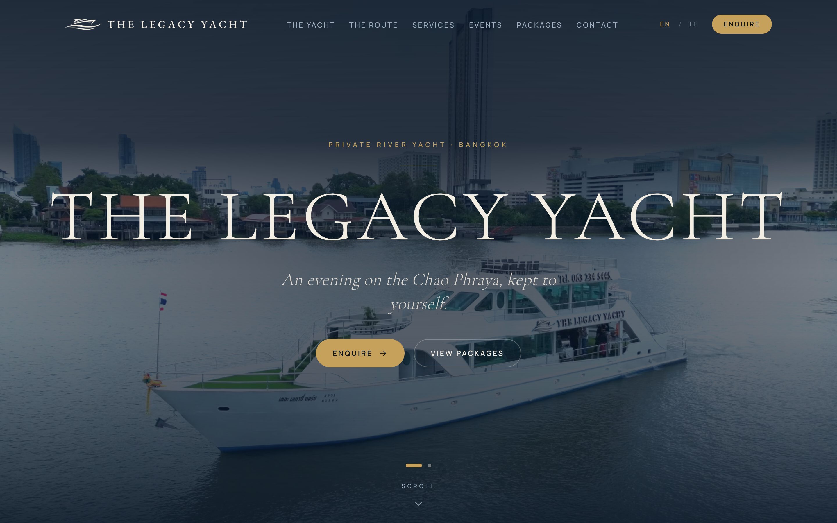 The Legacy Yacht website — hero footage of the yacht on the Chao Phraya at night