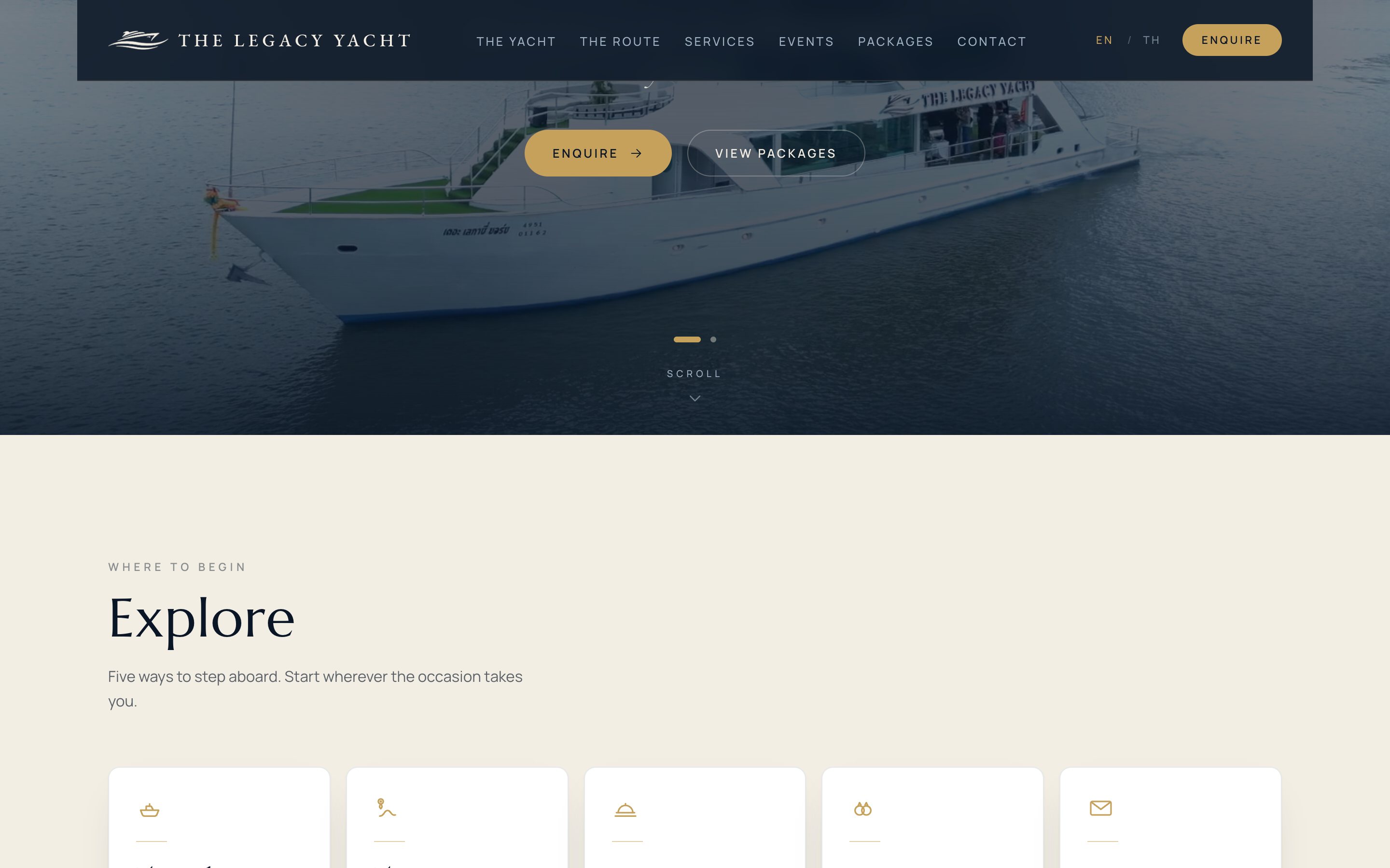 The Legacy Yacht site mid-scroll — the experience sections with playing footage